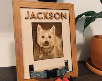 Engraved Pet Portrait with collar holder Memorial Display, Personalized Pet Memorial, pet loss gift,  pet lover, Collar Display ,