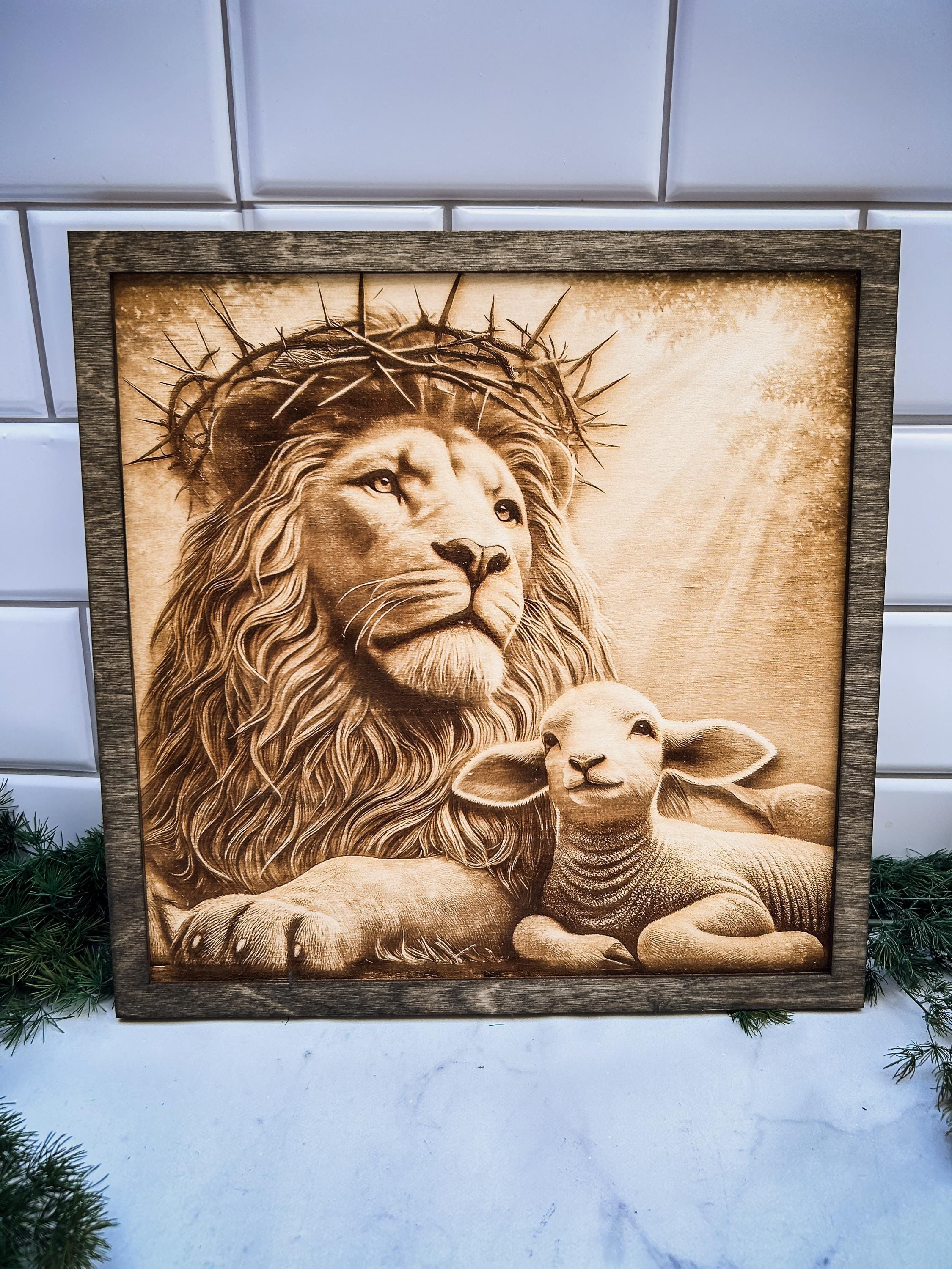 Engraved Lion and Lamb Wooden Art: Christian Home Decor