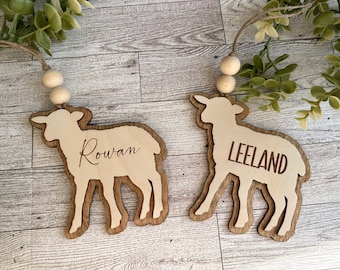 Engraved Wooden Lamb Easter Basket Tag: Personalized Christian Lamb of God Ornament