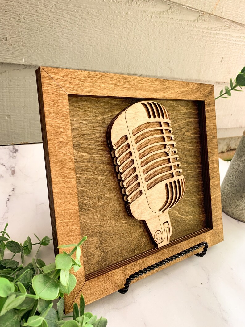 Retro Microphone Wooden Art Piece Musician Gift Idea image 4