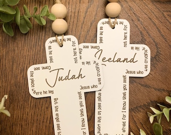 Personalized Christian Easter Cross Tag: Matthew 28, Engraved Cross Ornament