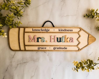 Personalized Teacher Pencil Sign: Engraved Wood Teacher Christmas Gift and Decor