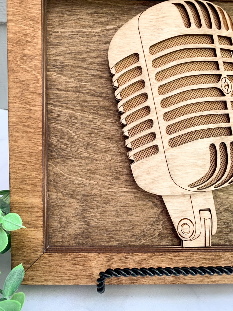 Retro Microphone Wooden Art Piece Musician Gift Idea image 2