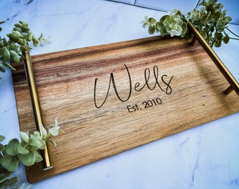 Engraved Wooden Tray with Handles, Personalized Wedding Gift, New Home Custom Tray, Custom Serving Tray, Wood Serving Tray