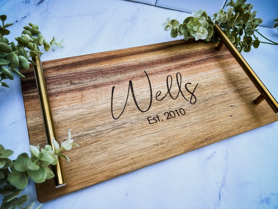 Engraved Wooden Tray with Handles, Personalized Wedding Gift, New Home Custom Tray, Custom Serving Tray, Wood Serving Tray