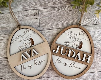 Personalized Wooden Easter Basket Tag: He is Risen Tomb Design