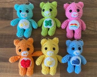 CARE BEARS Keyring Plushie - Wish Bear, Goodluck Bear, Cheer Bear, Tenderheart Bear, Funshine Bear, Grumpy Bear Amigurumi Plush Dolls