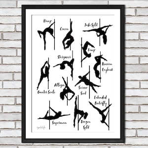 Pole Dancing Moves & Poses Silhouette Digital Artwork- Pole Dance, Pole Dancer, Dancer, Gift, Birthday, Picture, Poster