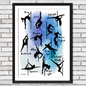 Pole Dancing Moves & Poses Silhouette Wall Art Artwork Blue Lagoon Design- Pole Dance, Pole Dancer, Dancer, Gift, Birthday, Picture, Poster