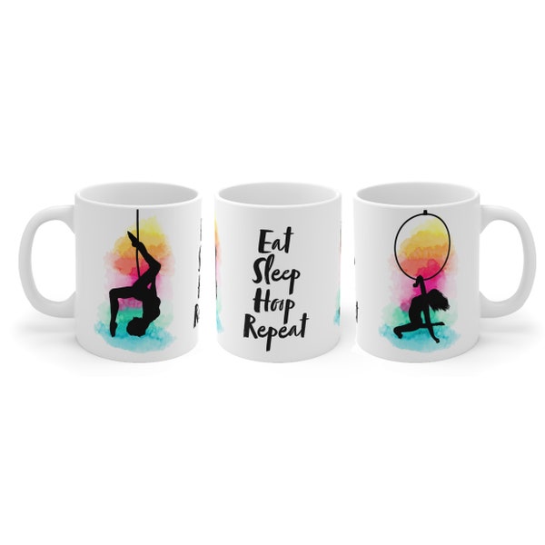 Aerial Hoop 'Eat Sleep Hoop Repeat' Quote & Silhouette Cloud Design Ceramic Mug, Birthday Gift Aerialists, Aerial Dancers, Lyra Hoop