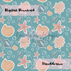 May include: A digital download featuring a repeating pattern of seashells, starfish, and bubbles on a teal background. The design includes the text "Digital Download" and "Handdrawn".