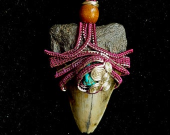 3” Unrestored Megalodon Shark Tooth Copper Wire Wrapped Pendant