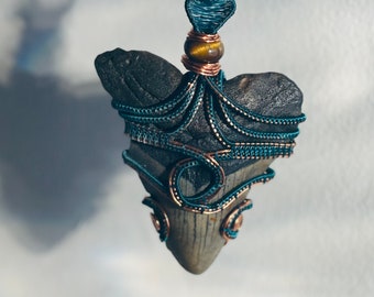 3 1/2” Unrestore Megalodon Shark Tooth Wire Wrapped Pendant