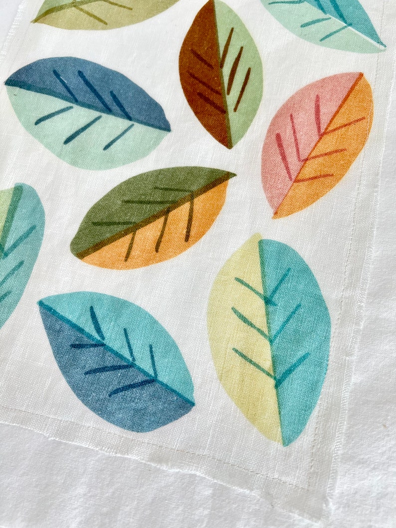 Original Art Ontote Midcentury Leaves Printed on Linen on White Cotton