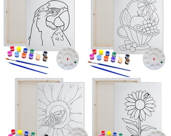 20 Pieces/4 Pack Pre Drawn Canvas Painting Kit Sunflower Fruit and Parrot  Pre Drawn Stretched Canvas Kit Adult Sip and Paint Party Favor 