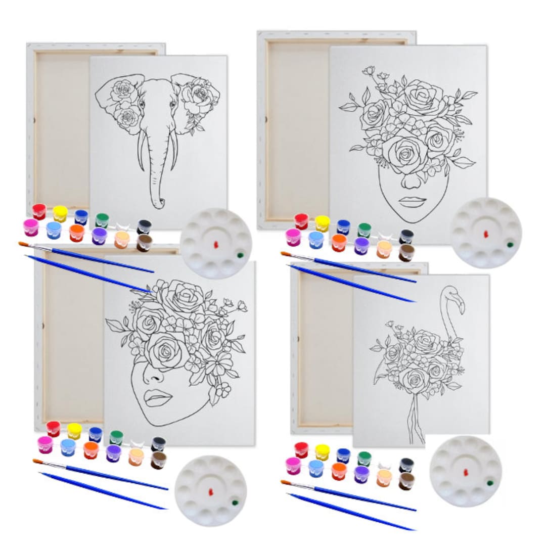2 PACK Canvas Painting Kit Bundle, Pre Drawn Stretched Canvas Kit, Adult  Sip and Paint Party Favor