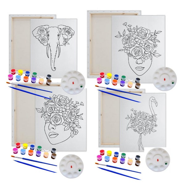 20 pièces / pack de 4 Kit de peinture sur toile pré-dessinée | Kit de toile tendue éléphant, flamant rose, dame aux fleurs | Adult Sip and Paint Party Favor