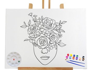 Pre Drawn Canvas Flowers Lady Rose/Teen / Adult Painting/ DIY Canvas/ Party Night/ Pre-Drawn Sketch Stencil Canvas/ valentines couple ideas