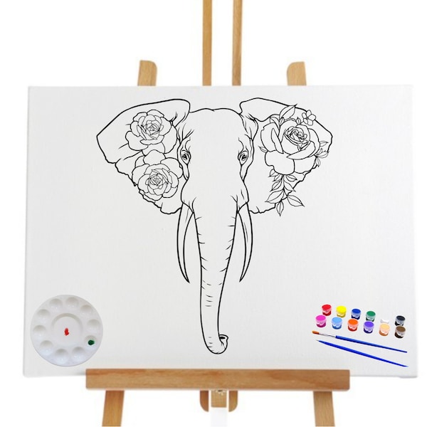 Pre Drawn Canvas Elephant Flowers/Teen / Adult Painting/ DIY Canvas/ Party Night/ Pre-Drawn Sketch Stencil Canvas/ valentines couple ideas