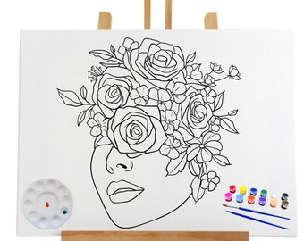 Pre Drawn Canvas Flowers Lady Rose/Teen / Adult Painting/ DIY Canvas/ Party Night/ Pre-Drawn Sketch Stencil Canvas/ valentines couple ideas