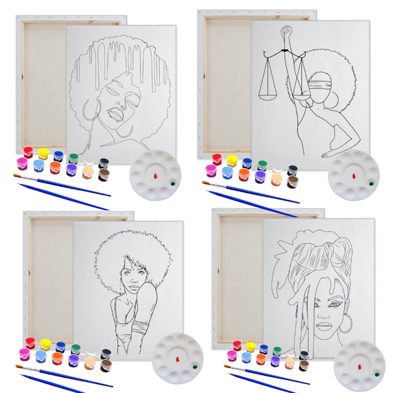  4 PACK Canvas Painting Kit Bundle, Pre Drawn Stretched Canvas  Kit, Afro Queen 1, Birthday Gift, Adult Sip and Paint Party Favor