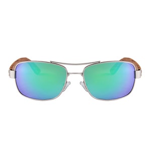 May include: Silver aviator sunglasses with green mirrored lenses and brown wood temple arms.