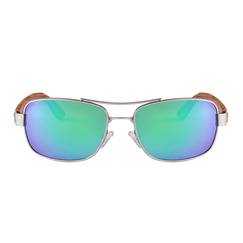 May include: Silver aviator sunglasses with green mirrored lenses and brown wood temple arms.