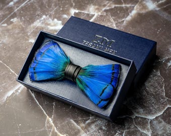 Blue Feather Bow Tie for Groom | Wedding Bow Tie Men, Unique Groomsmen Gift, Luxury Feather Bow Tie, Comes with Brooch & Gift Box