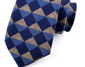 Navy Blue & Rustic Gold Diamond Pattern Tie Silk