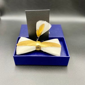White Feather Bow Tie with Gold Colour