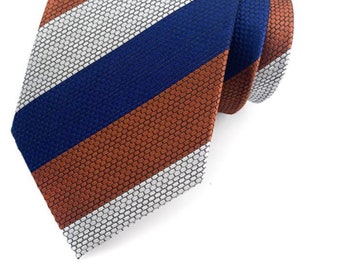 Blue Silver & Beige Stripe Pattern Silk Tie