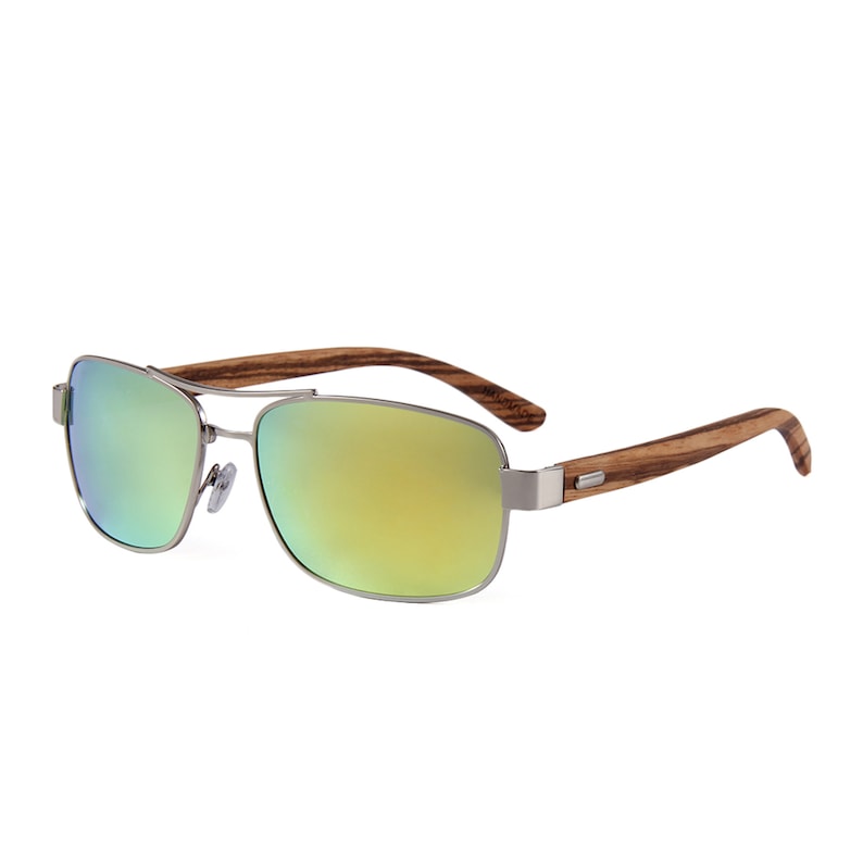 May include: Aviator-style sunglasses with a silver metal frame and reflective yellow-green lenses. The temples are made of wood with a striped pattern. A stylish accessory for eye protection.