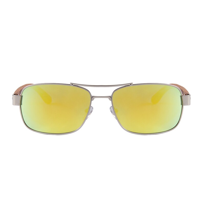 May include: Silver-framed sunglasses with mirrored yellow lenses. The sunglasses have a double bridge and wooden-look temples. The lenses reflect a bright yellow color, and the frame is a shiny silver.