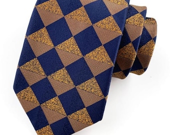 May include: A navy blue and gold checkered tie. The tie has a geometric pattern of squares.