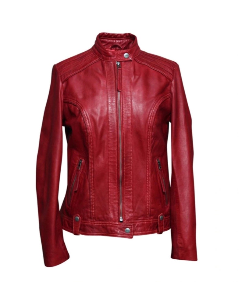 Women/'s Short Collar Waxed 100/% Sheepskin Leather Jacket Red