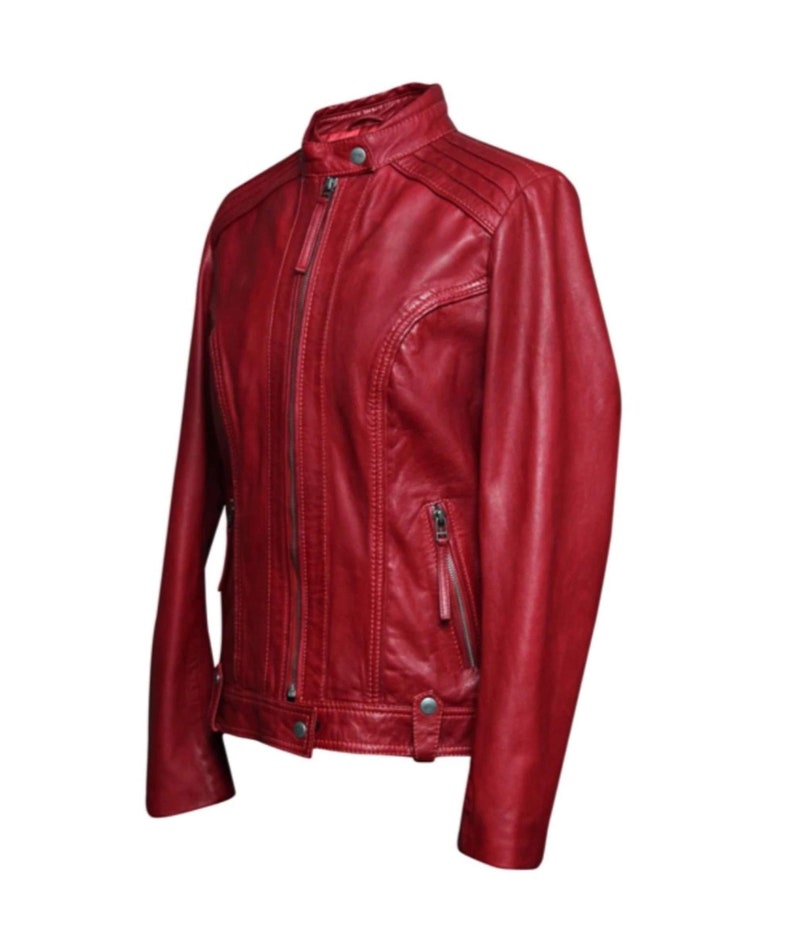 Women/'s Short Collar Waxed 100/% Sheepskin Leather Jacket Red