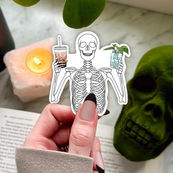 waterproof iced coffee sticker, coffee skeleton sticker, coffee lover gift, coffee and plants, skeleton and plant sticker for water bottle