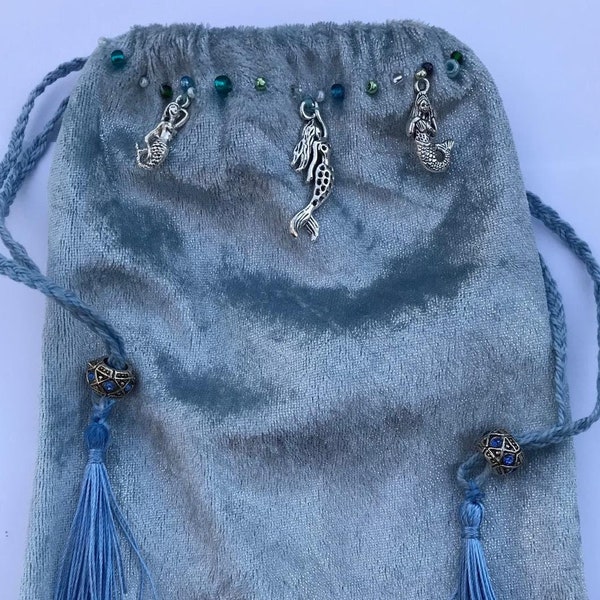 Velvet Tarot Card Bag with Silver Mermaid, Hand Beaded, Oracle Cards, Crystals, Runes, Makeup Travel Bag