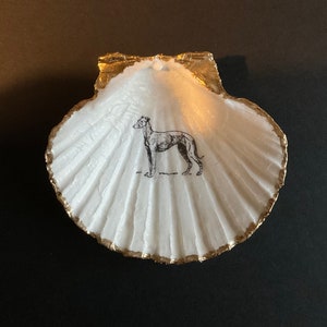May include: A white scallop shell with a gold-painted edge. The shell is decorated with a black and white illustration of a greyhound. This decorative shell could be used to hold small items or as a display piece.