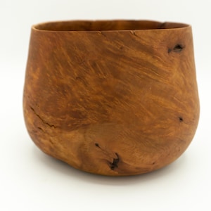 May include: A wooden bowl with a natural, reddish-brown finish. The bowl has a rounded, organic shape and a smooth, polished surface.