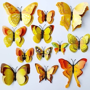 Yellow Butterfly 12 pcs, double layer Butterfly, Wall Decor For Home Decoration. For Kids Rooms Party Wedding Decor Butterfly