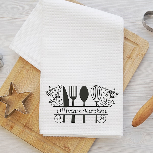 Personalised kitchen towels with Kitchen Utensils, Family Name kitchen towel, Housewarming Gift, New HomeOwner Gift, Custom waffle TeaTowel