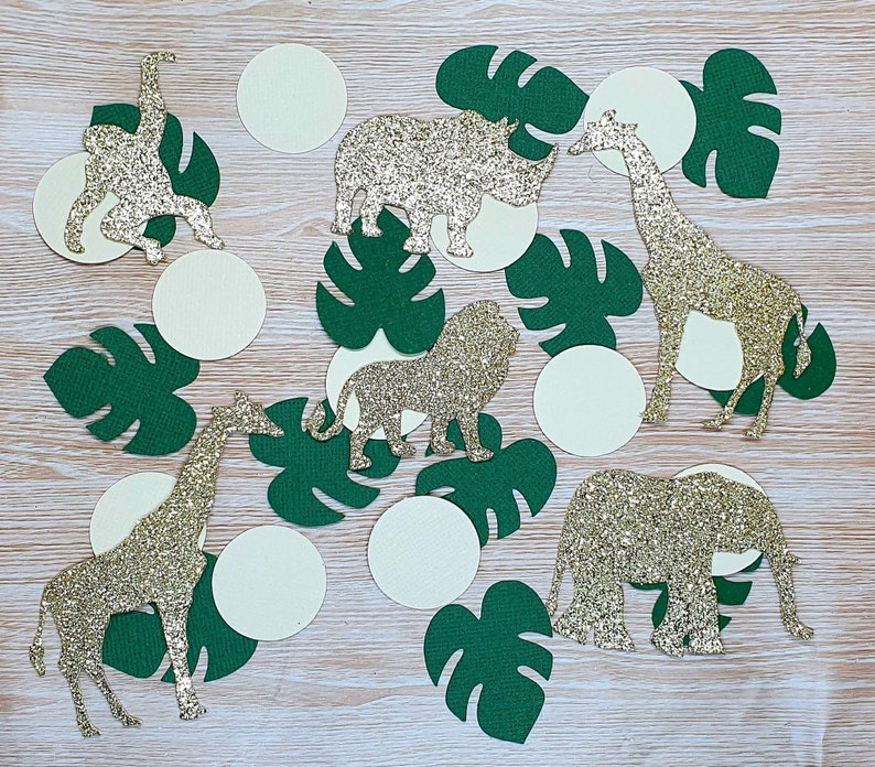 150 Gold glitter safari animals with monstera leaf and circle confetti for birthday baby shower safari party decor