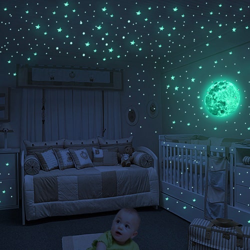 Glow In The Dark Full Moon And Star Wall Sticker - Bedroom Ceiling 402pcs