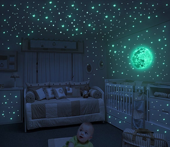 Glow in the Dark Full Moon and Star Wall Sticker Bedroom Ceiling 402pcs 