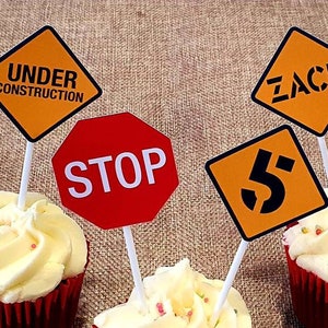 Personalised construction theme cup cake Topper with road sign, Truck Birthday Cup Cake Topper with name and age, personalised name and age