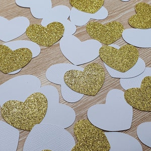 Confettis de coeur blanc et or, décorations de partie de fiançailles, décorations de douche de mariée, confettis d’or, confettis de mariage 100 morceaux