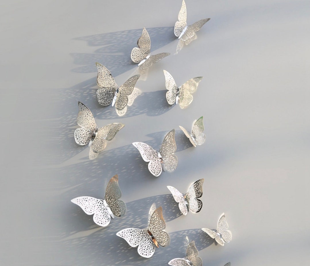 Silver Butterfly Wall Decor: 3D DIY Decorations, 12 Piece Set - Etsy ...