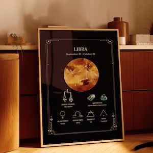 Póster de astrología del zodíaco Libra / Arte mural de estilo vintage / Carta del horóscopo, regalo para amantes de la astrología / Decoración celestial
