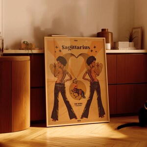 Póster del zodiaco Sagitario / Arte vintage estilo bohemio de los años 70 / Decoración de pared astrológica / Regalo de horóscopo retro / Estética hogareña con un toque terroso
